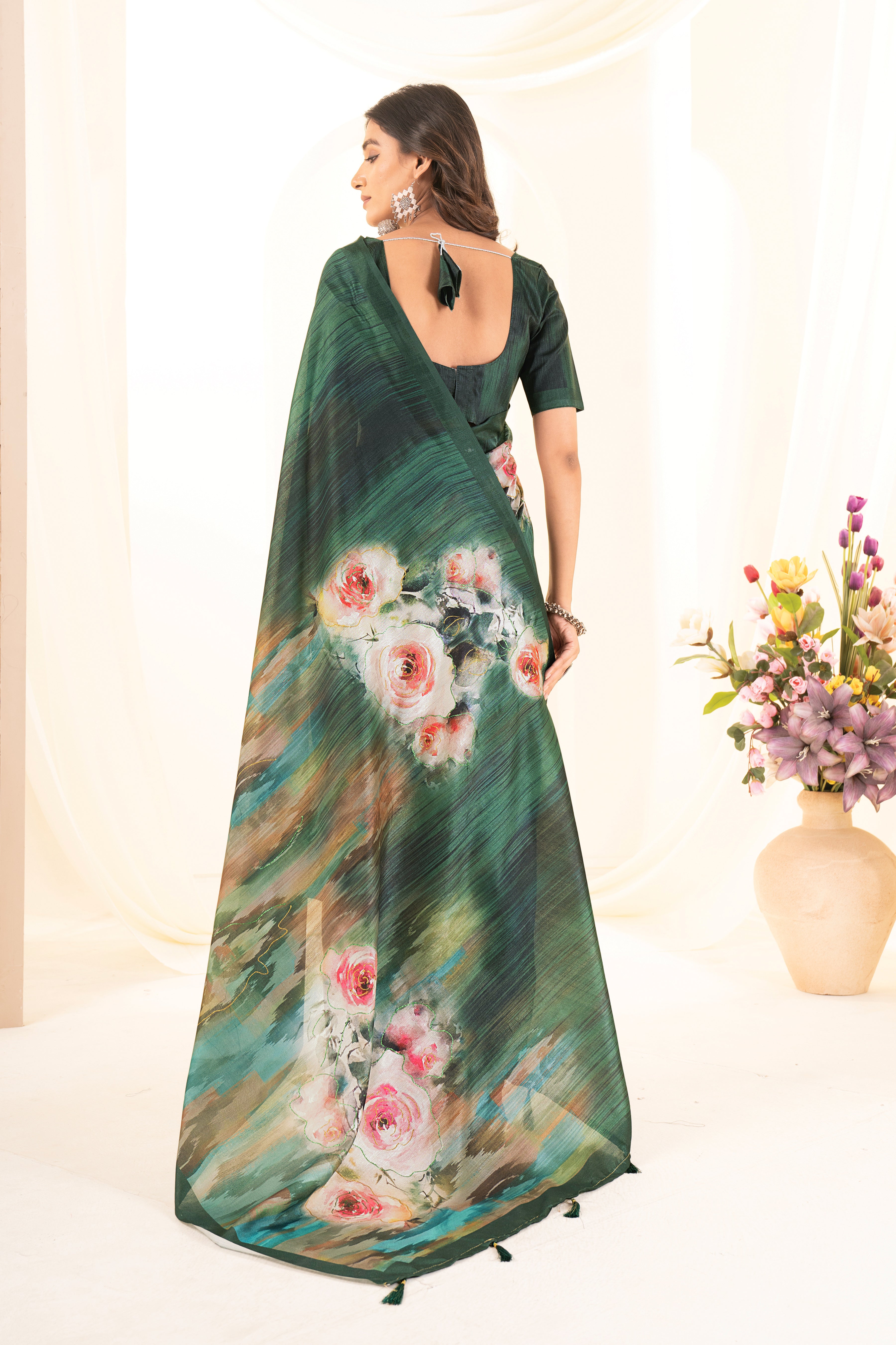 Bottle Green Tussar Silk Saree